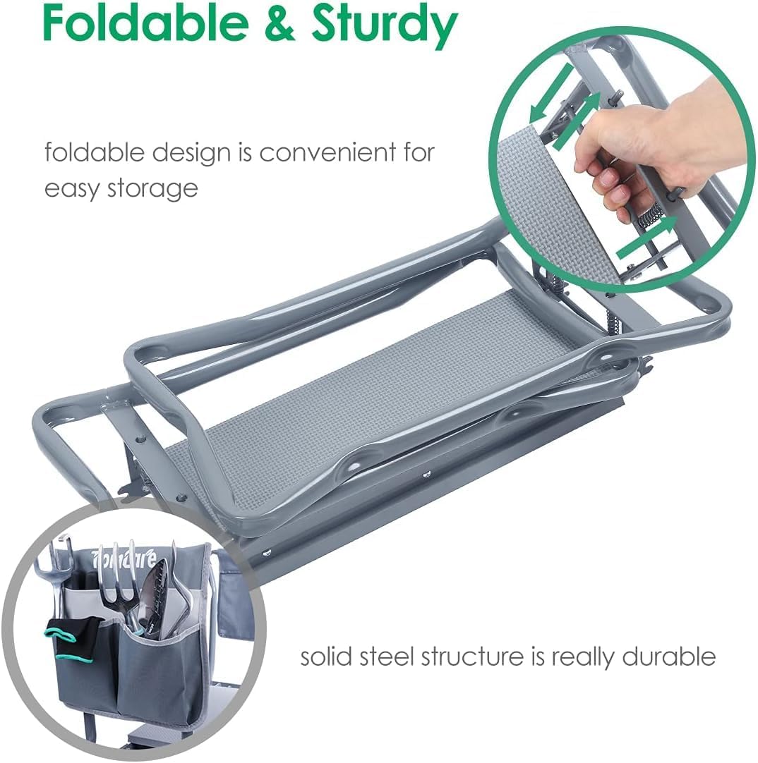 TomCare Garden Kneeler and Seat, 11.12" Kneeling Pad Sturdy Garden Bench | Heavy Duty Garden Stool, 450 lbs Load Capacity, 2 Tool Pouches, Foldable Design, Gardening Gift for Women, Men and Gardeners