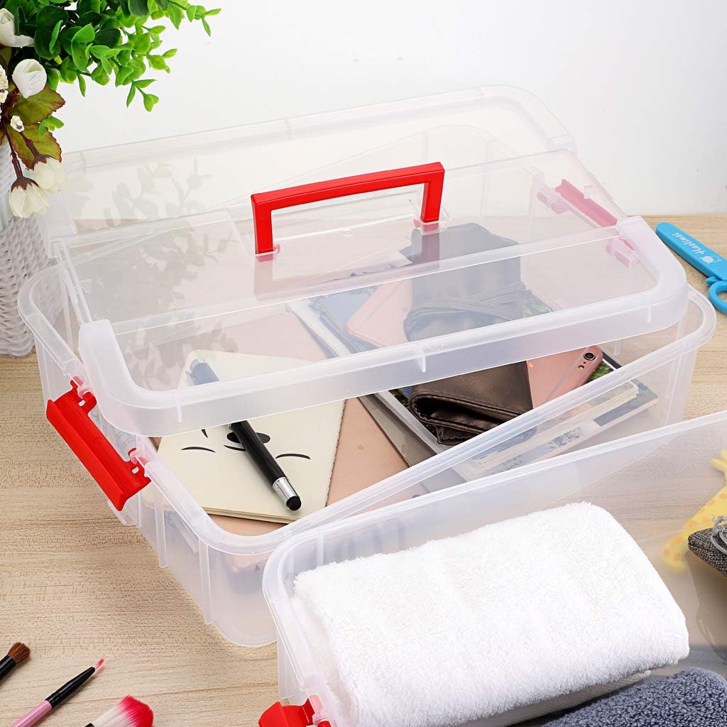 JUXYES 2-Tiers Plastic Stack Carry Storage Containers Box wih Handle Lids