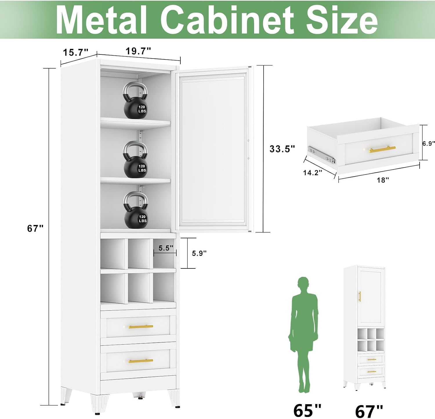 Ckzbx Tall Narrow Storage Cabinet 66.93" H Tall Bathroom Cabinet Metal Pantry Cabinets, 4 Adjustable Shelves for Kitchen, Home Office, Living Room, Dinning Room (20 inches Wide White)