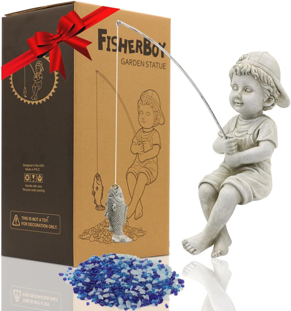 Goodeco Fisherboy Statue Garden Decor - 11" Little Fishing Guy for Koi Pond or Waterfalls, Poolside Statue with Glow in Dark Pebbles Included