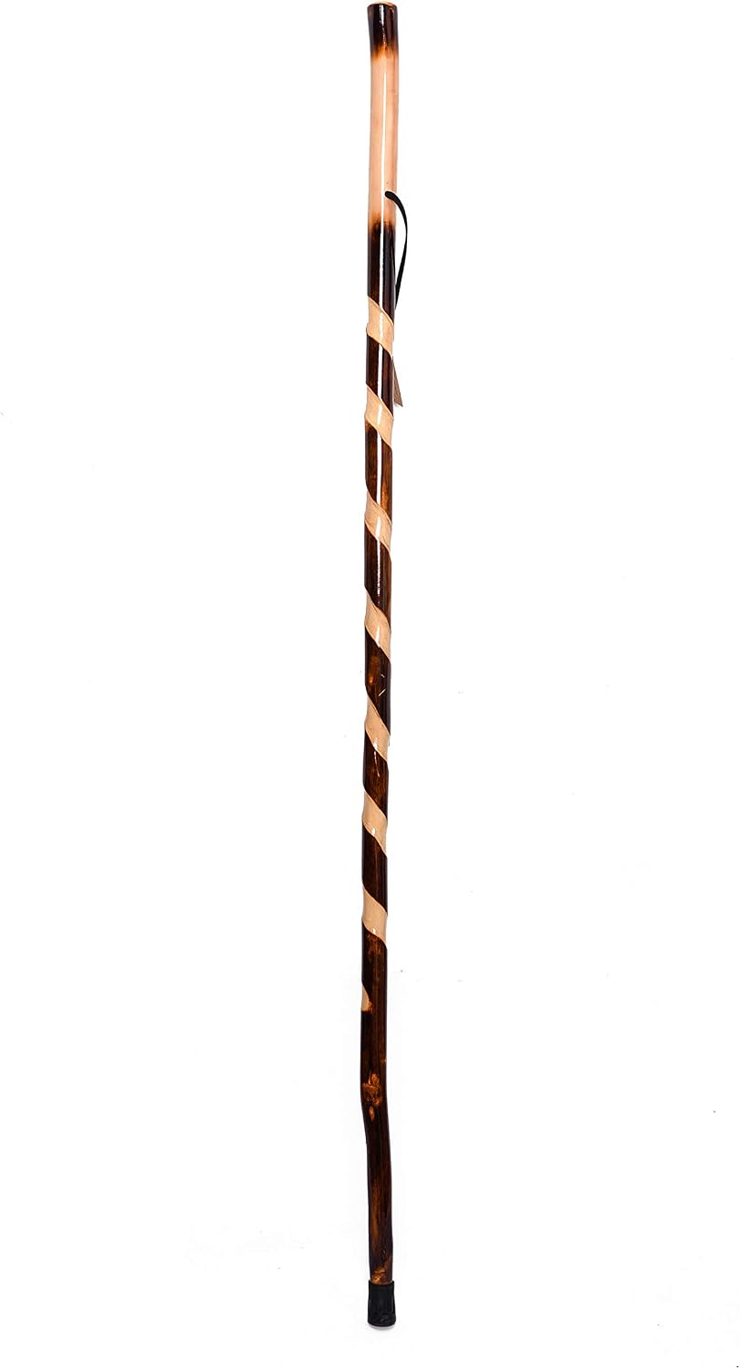 FOREST PILOT Handcrafted Nature Wood Hiking Stick 55 Inches Long - with Hand Strap and Rubber Tip Cover - Transparent Waterproof Painting Coating