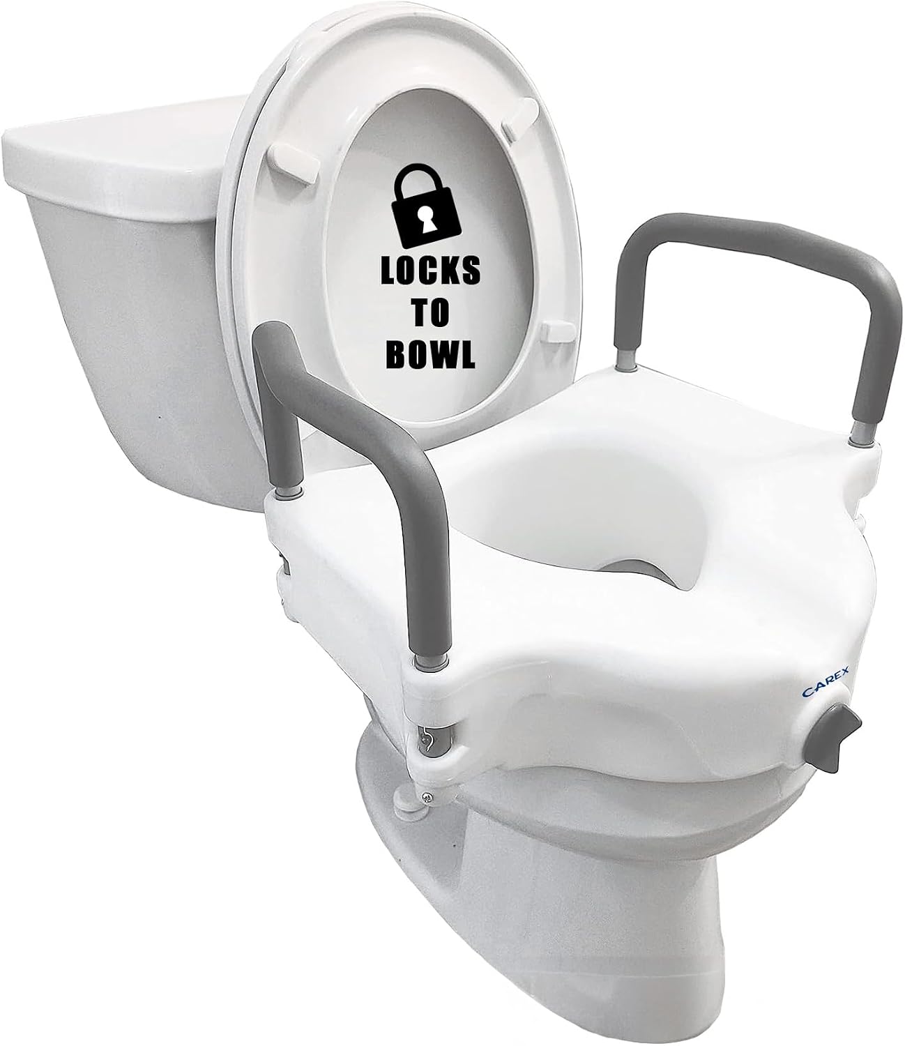 Carex E-Z Lock Raised Toilet Seat with Handles, 4.5 Inch Toilet Seat Riser with Arms, Toilet Riser Fits Most Toilets, Elongated or Round