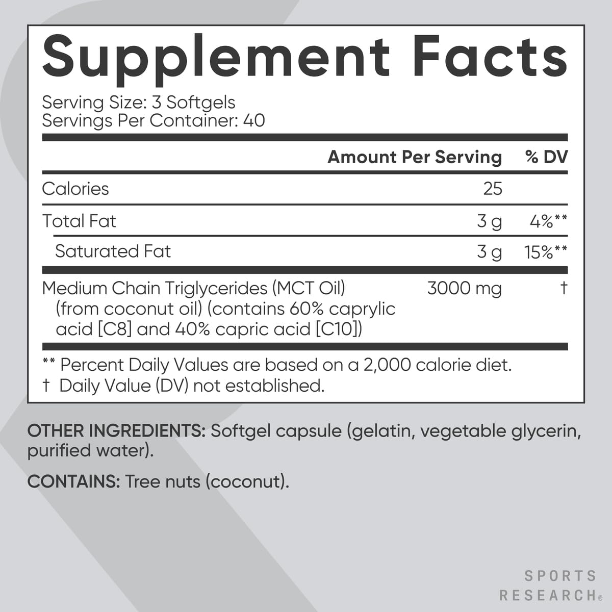 Sports Research® Coconut MCT Oil 3000mg, 120 Softgels | Coconut Derived C8 & C10 Medium Chain Fatty Acids (MCT'S) | Travel-Friendly Softgels, Keto, Paleo, & Gluten-Free