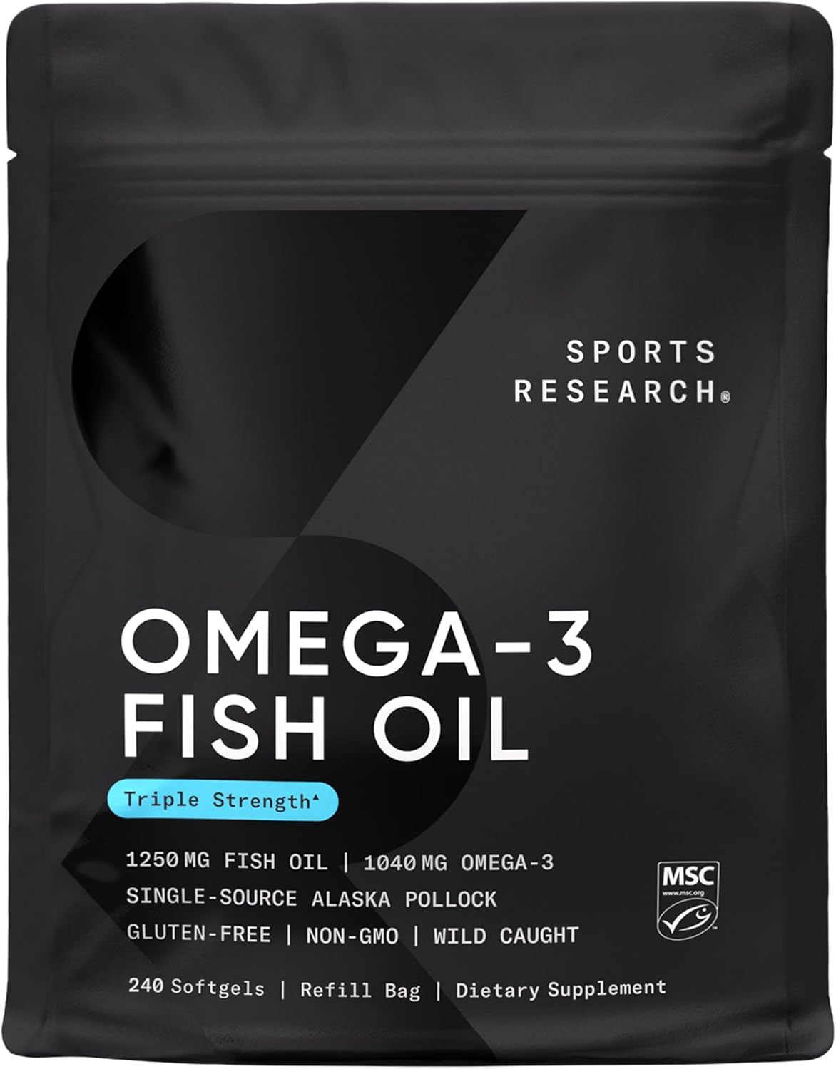 Sports Research® Omega-3 Fish Oil 1250mg from Wild Alaska Pollock,180 Count | Always Fresh Never Fishy | 690mg EPA 260mg DHA per Softgel · Heart & Brain Health* · MSC Certified Sustainable - 180 Servings