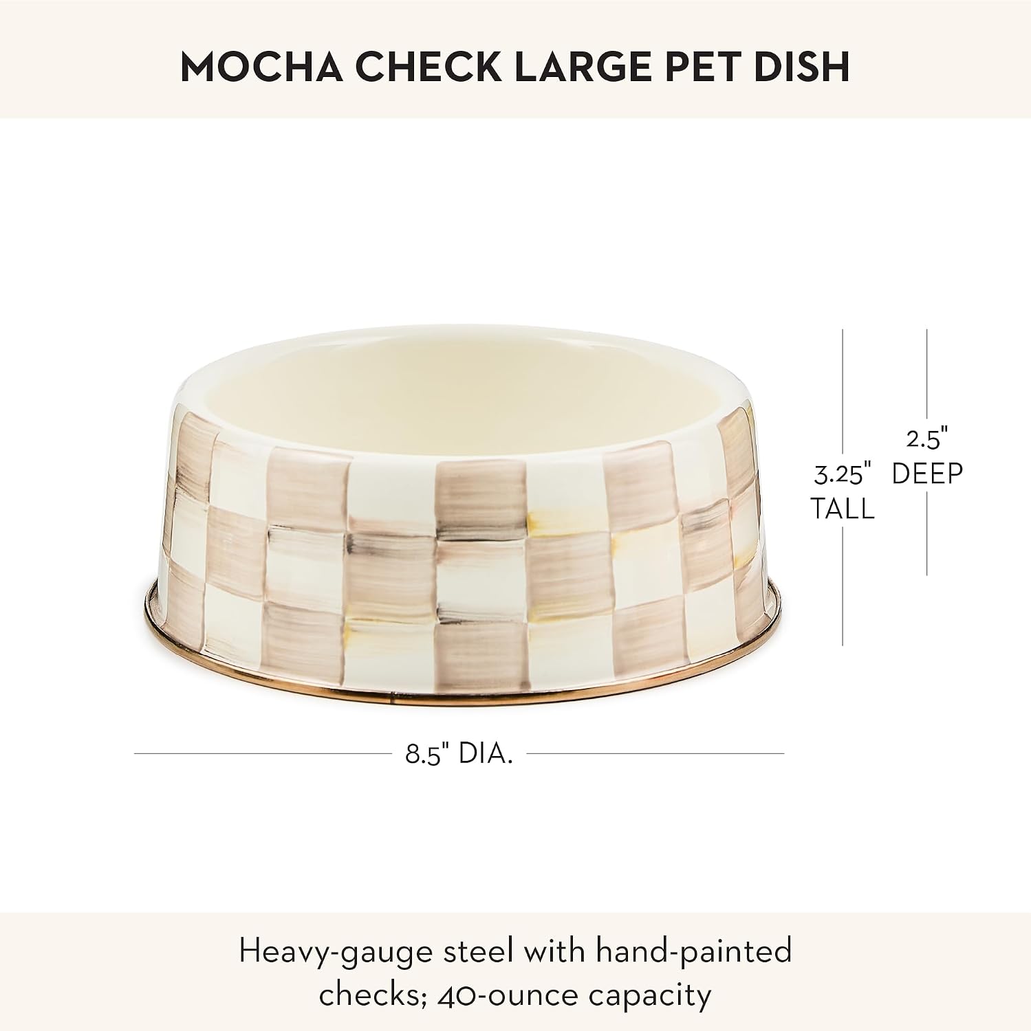 MACKENZIE-CHILDS Enamel Pet Dish, Large, Black-and-White Courtly Check | Decorative cat and dog bowl for food and water, 40-ounce capacity