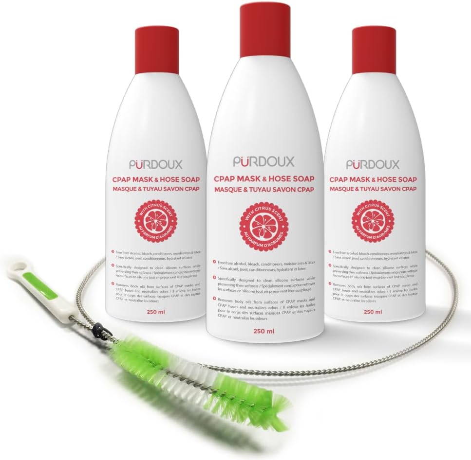 Purdoux CPAP Cleaning Bundle – 6ft Hose Brush + 3-Pack Citrus CPAP Mask & Hose Soap – Compatible with CPAP Machines