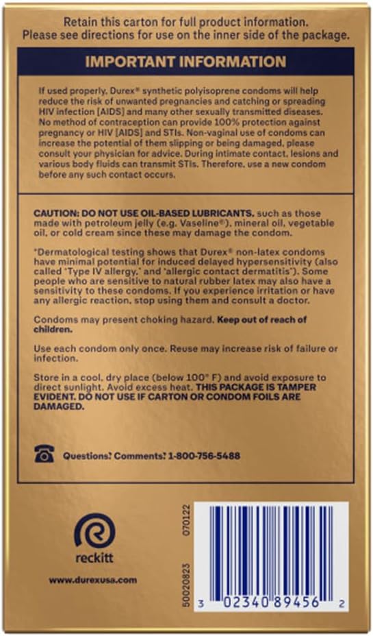 Durex Real Feel Non Latex Condoms, Lubricated Latex Free Condoms for Men, Natural Skin on Skin Feeling, 10 Count