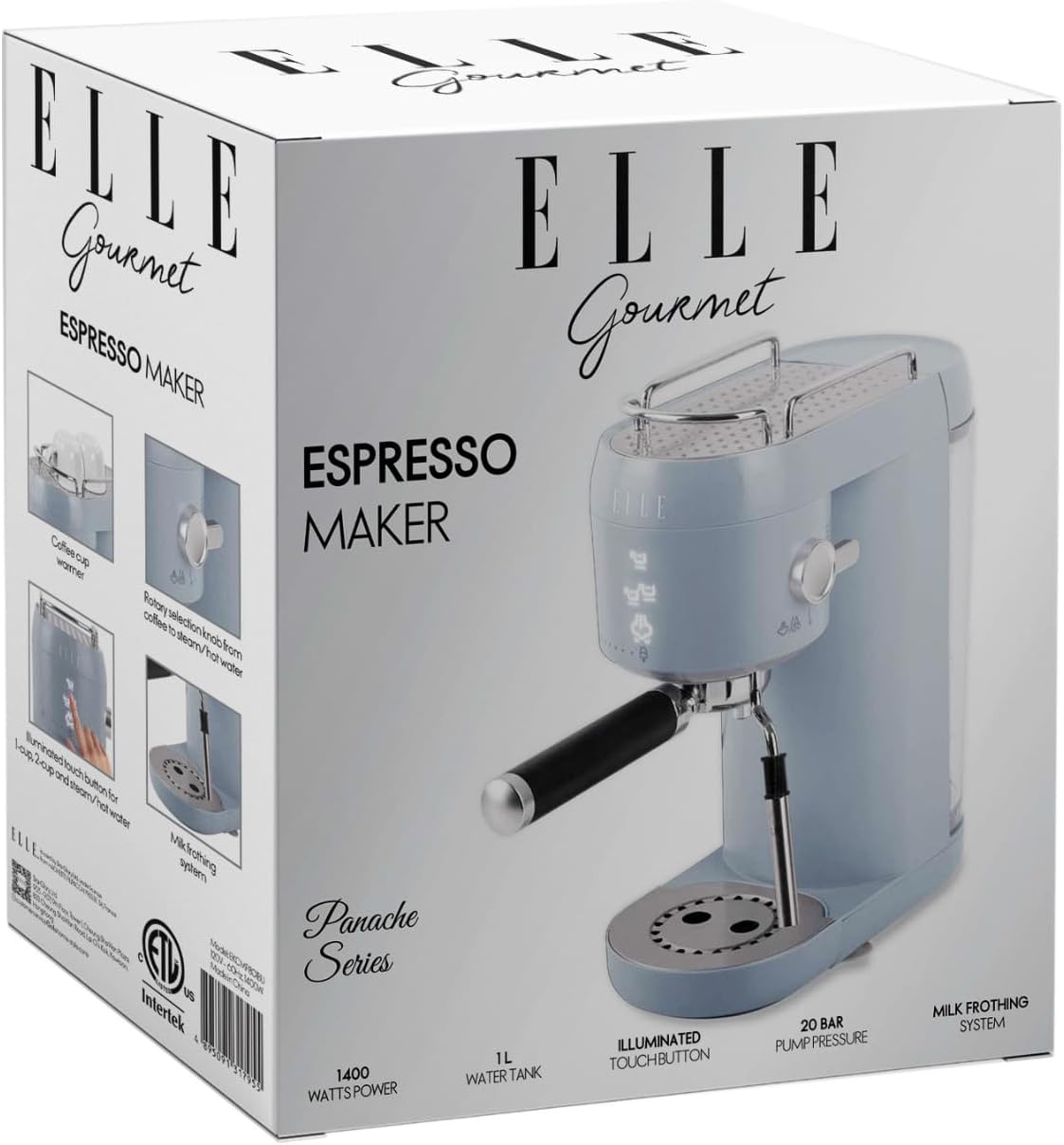 ELLE 1L Espresso Maker Latte and Cappuccino Maker with 20 Bar Pump Pressure and Illuminated Touch Button with Milk Frothing System and Cup Warmer 1400W White
