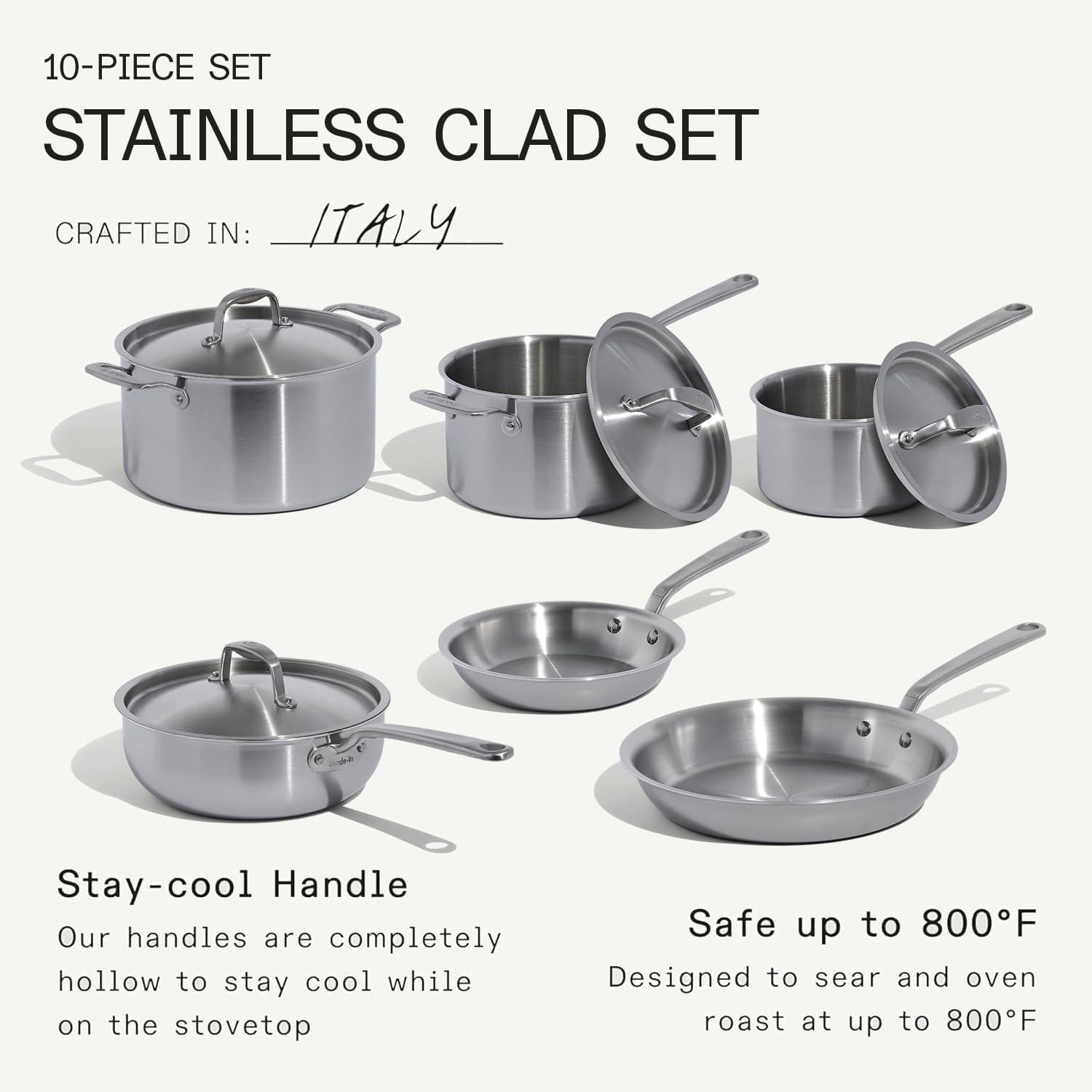 Made In Cookware - 10 Piece Stainless Steel Pot and Pan Set - 5 Ply Clad - Includes Stainless Steel Frying Pans, Saucepans