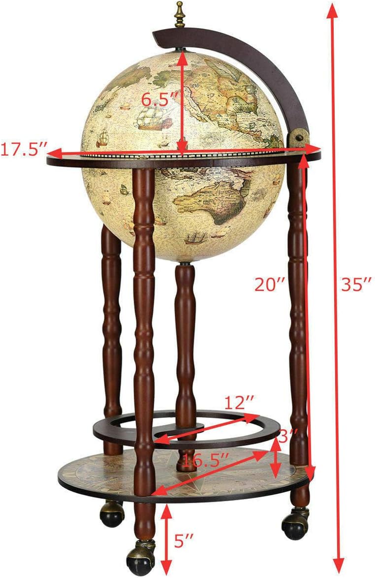 17" Wood Globe Wine Bar Stand Liquor Bottle Shelf Cart 16th Century Italian Rack
