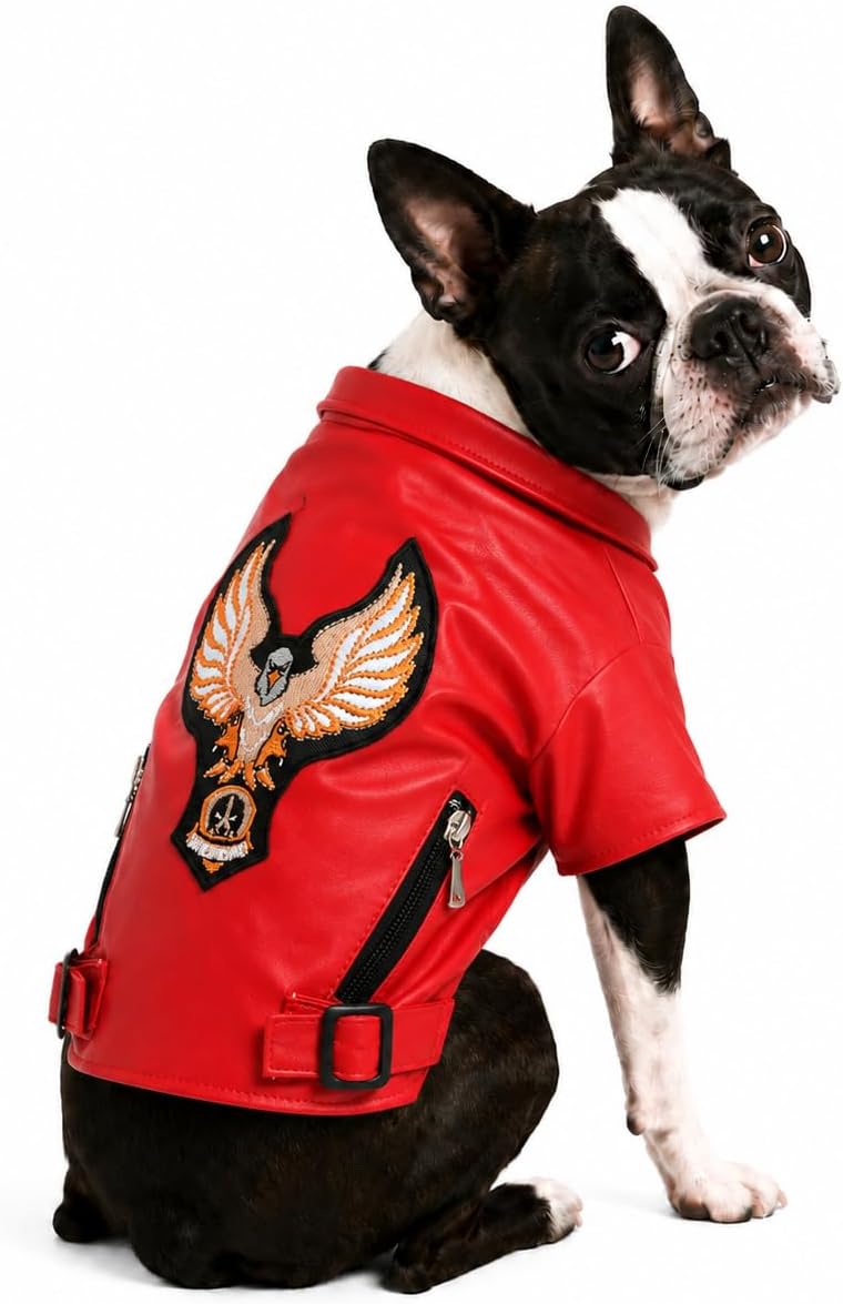 Lovelonglong Cool Dog Leather Jacket, Warm Coats Dogs Windproof Cold Weather Coats for Large Medium Small Dogs with Eagle Embroidery Black XS