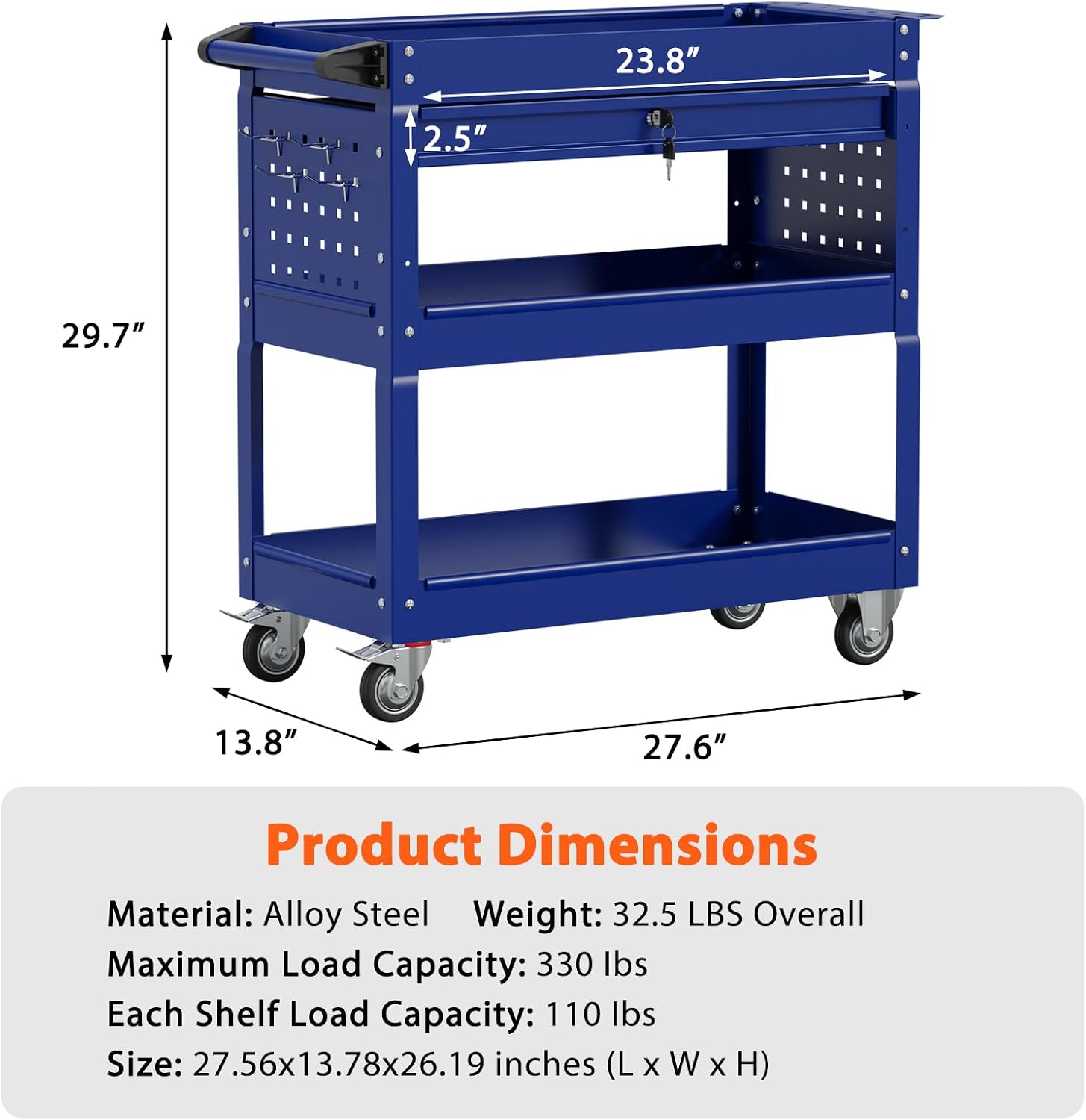 3-Tier Heavy Duty Utility Cart on Wheels, Rolling Tool Cart on Wheels with a Drawer, 350 Lbs Load Capacity Service Cart for Warehous, Garage and Repair Shop (Black)