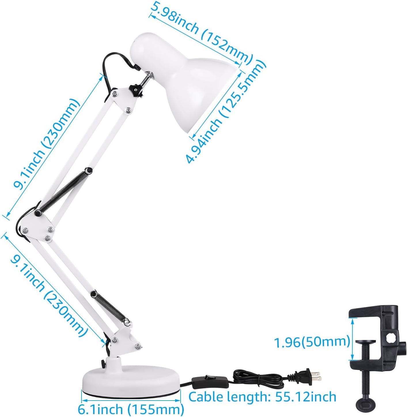 TORCHSTAR Metal Desk Lamp, Adjustable Swing Arm, E26, Black | Architect Gooseneck Multi-Joint Clip Table Lamp with Plastic Clamp, for Home Office, Work, Study, Reading, Bulbs not Included