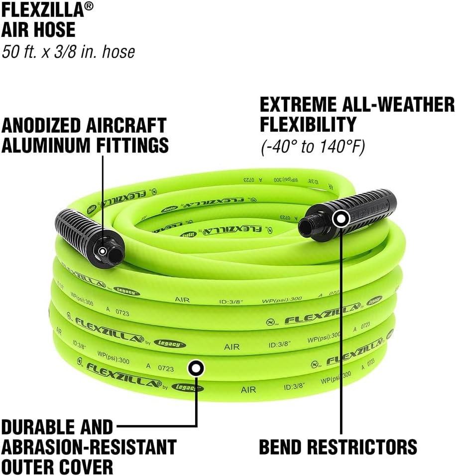 Flexzilla Air Hose, 3/8 in. x 50 ft., 3/8 in. MNPT Fittings, Heavy Duty, Lightweight, Hybrid, ZillaGreen - HFZ3850YW3