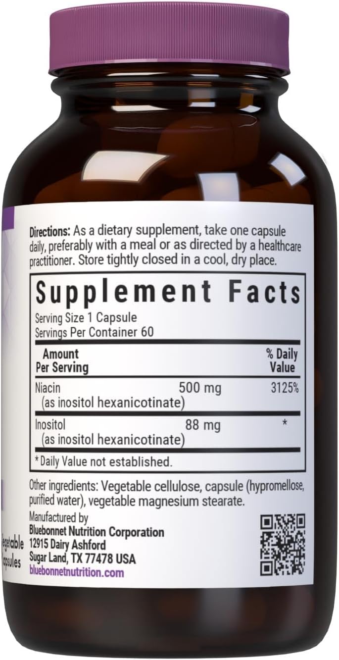 Bluebonnet Nutrition Flush-Free Niacin 500mg, for Nutritional Cardiovascular Support*, Soy-Free, Gluten-Free, Non-GMO, Kosher Certified, Dairy-Free