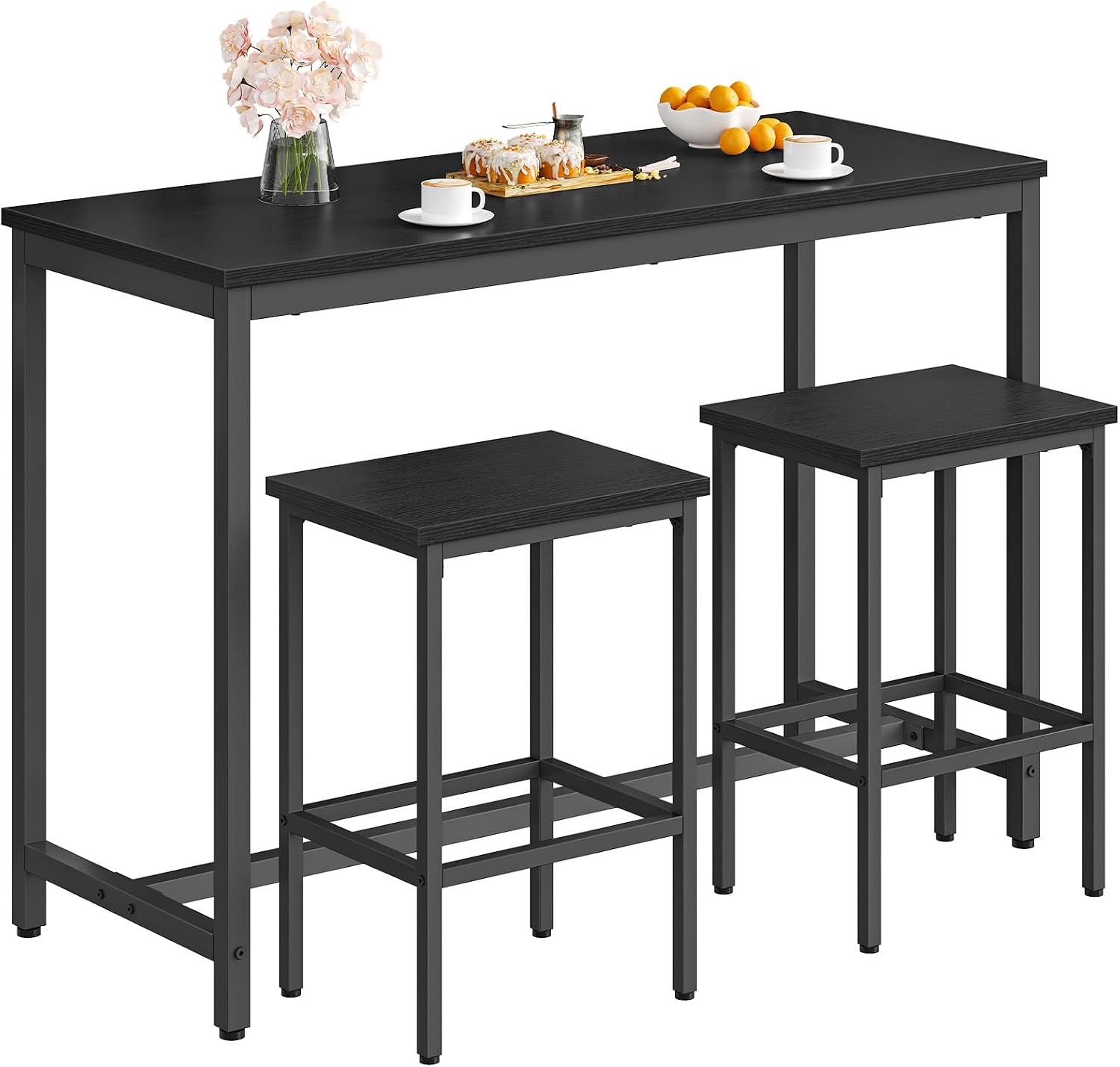 HOOBRO Bar Table and Chairs Set, 47.2” Rectangular Pub Table with 2 Stools for Small Space, 3-Piece Breakfast stools Set, Sturdy Metal Frame