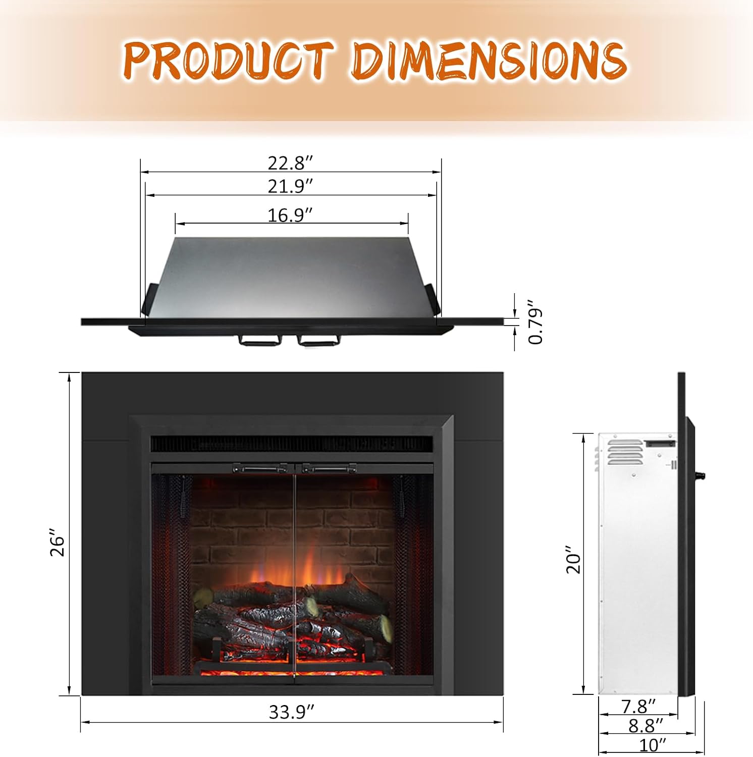 PuraFlame Klaus Electric Fireplace Insert with Fire Crackling Sound, Glass Door and Mesh Screen, 750/1500W, Black, 29 15/16 Inches Wide