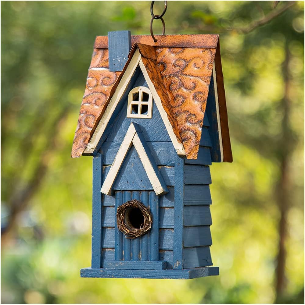 Glitzhome 12" H Green Hanging Distressed Solid Wood Garden Bird House Decorative Birdhouse