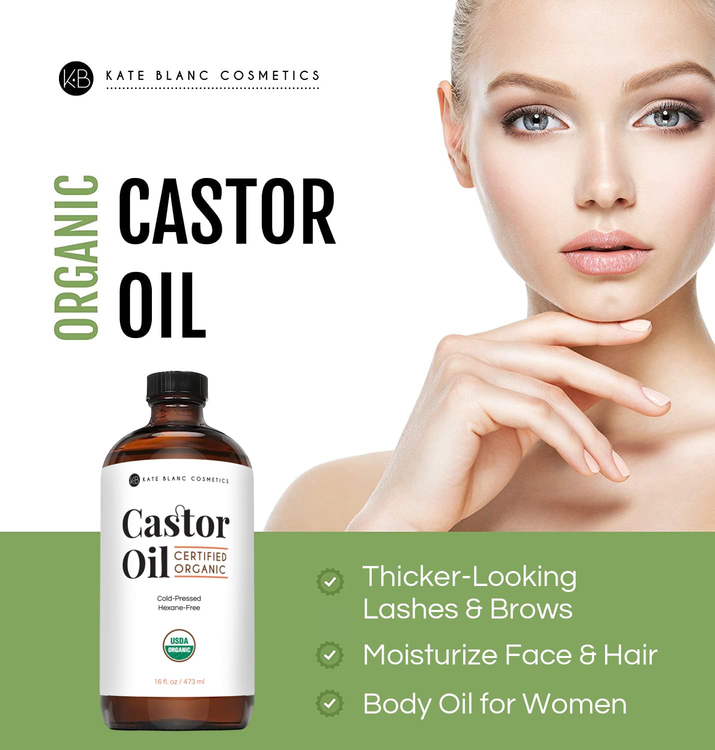Kate Blanc Cosmetics Castor Oil Organic (4oz), 100% Pure, Cold Pressed, Hexane Free. Natural Oil for Hair, Eyelashes, Eyebrows. Skin Moisturizer with Starter Kit
