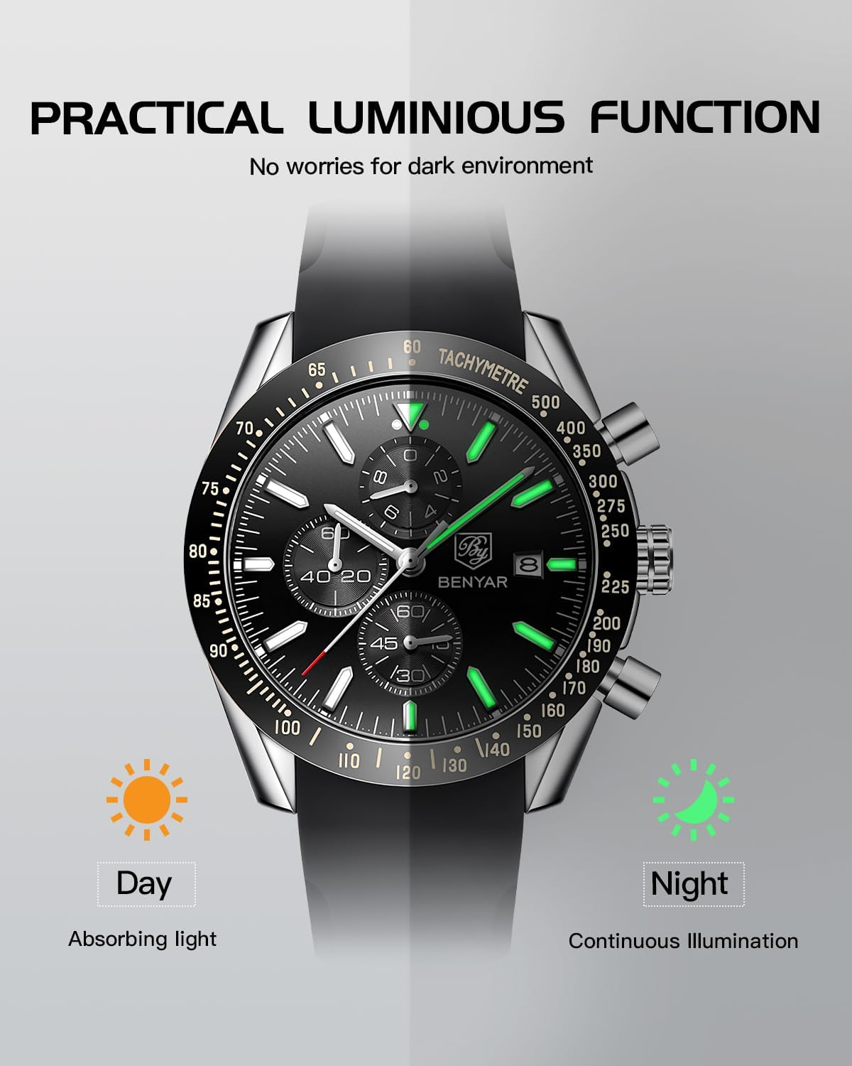 BENYAR Watch for Men Analog Quartz Chronograph Waterproof Luminous Designer Mens Wrist Watches Business Work Sport Casual Dress Watch with Silicone Strap Elegant Gifts for Men