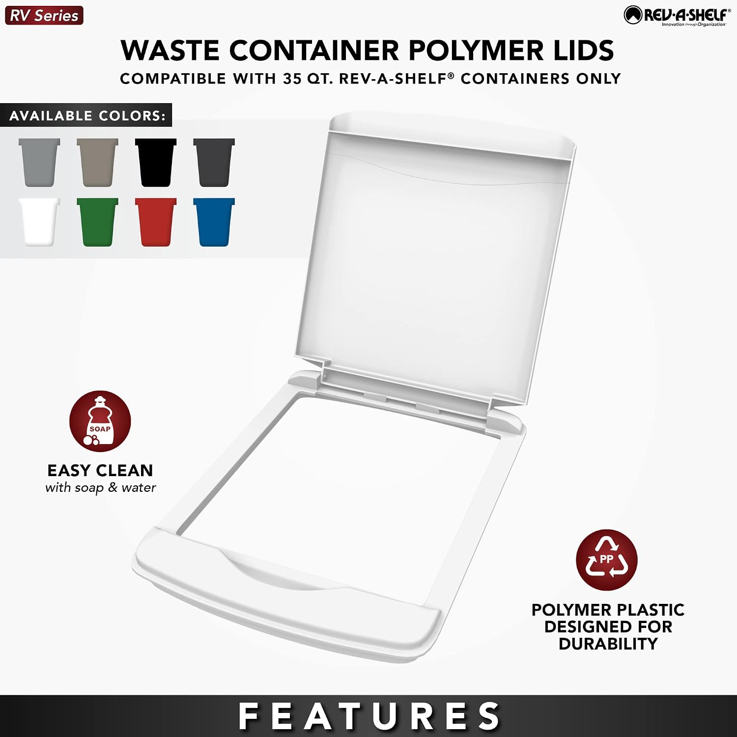 Rev-A-Shelf 35 Qt Under Sink Garbage Can Lid for Base Kitchen and Bathroom Cabinet, Replacement Plastic Trash Bin Lid Only, White, RV-35-LID-1