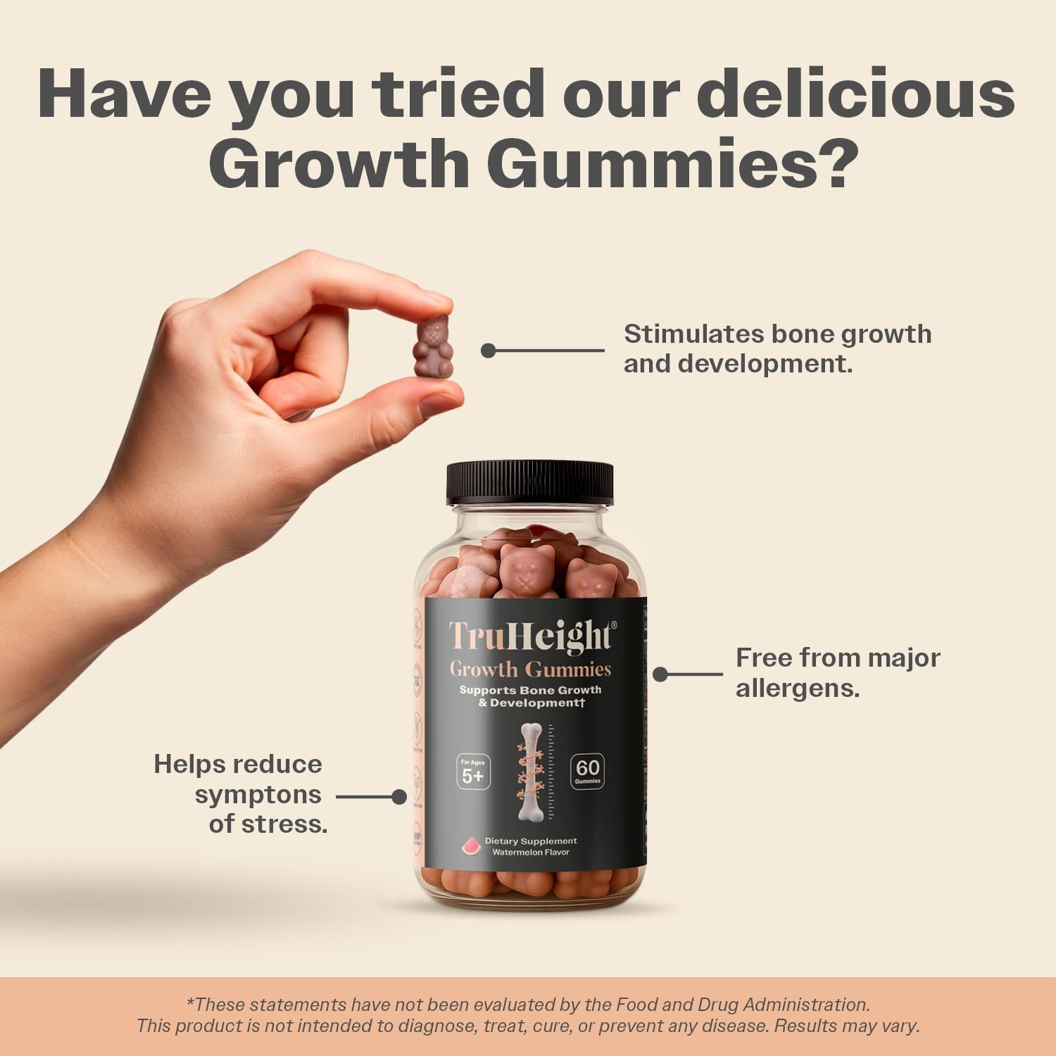 TruHeight Growth Gummies (Watermelon) Tall Nutrition for Natural Growth Supplement for Kids & Teens - Vitamin D, K, Calcium & Ashwagandha