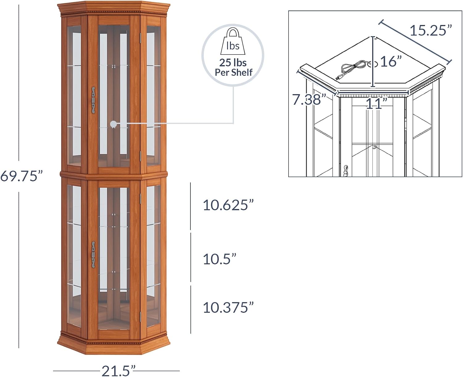 BELLEZE Lighted Wooden Corner Display Curio Cabinet, Two Section Shelving Unit with Tempered Glass Door