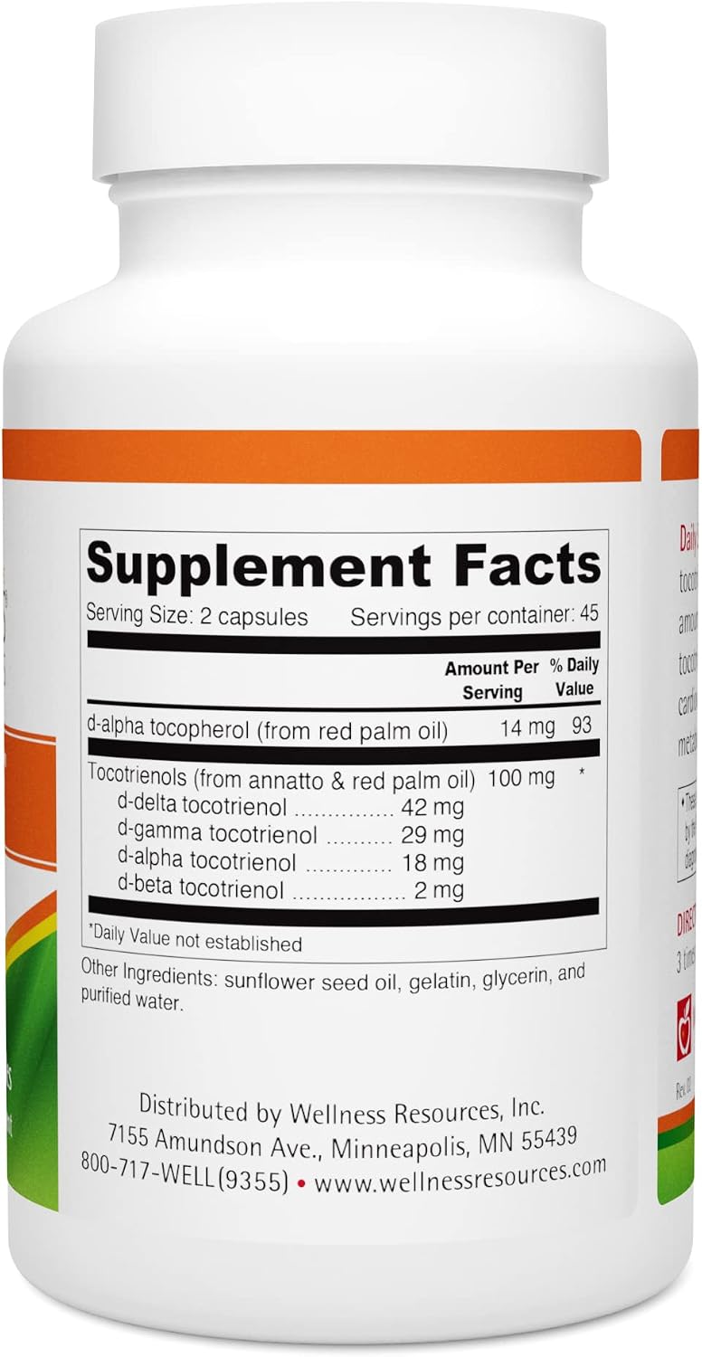 Wellness Resources Daily Super E Tocotrienol Complex - Full Spectrum Vitamin E with Delta, Gamma & Alpha Tocotrienols for Antioxidant Protection, Soy-Free, Natural Source, Non-GMO (180 Caps)