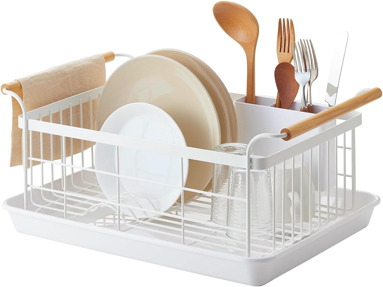 YAMAZAKI Home Dish Drying Rack – Modern White Dish Rack for Kitchen Counter with Removable Drying Tray and Cutlery Holder, Steel + Wood Dish Drying Organizer - Steel + Wood - | Modern dish drying rack organizer with steel and wood construction. Small spa…