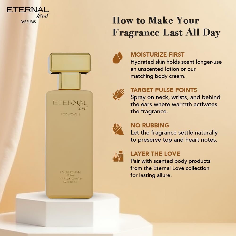 Eternal Love for Women - Long Lasting Eau de Parfum Spray - Premium Floral Fragrance with Peach & Sandalwood - Soft Feminine Scent - 3.4oz