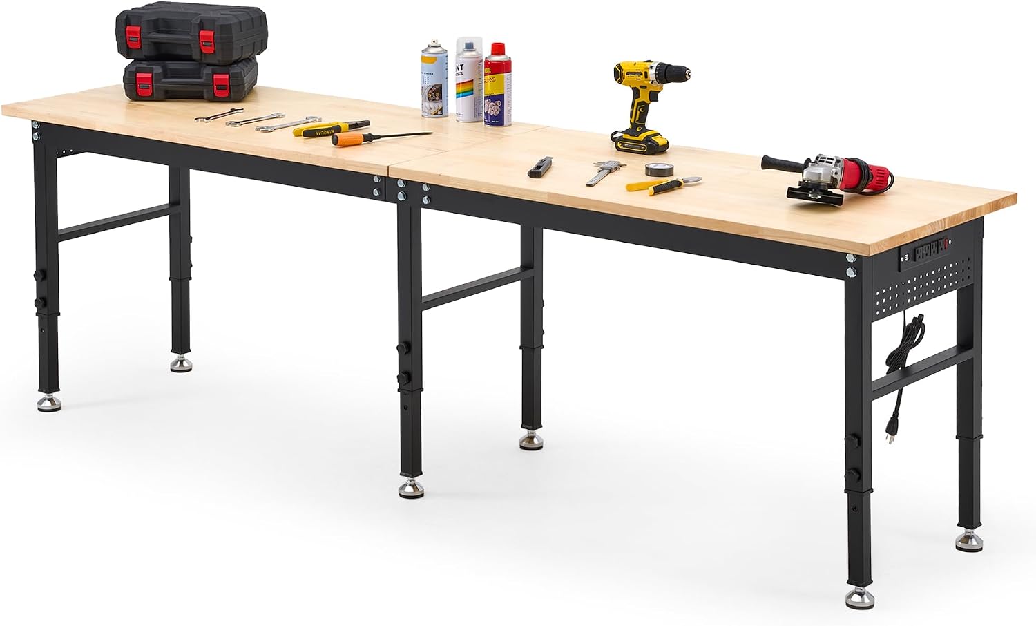 48" Adjustable Rubberwood Workbench with Foldable Extension Board & Power Outlet, Extra Large 48x32In 9-Level Height 27"-37", 2000 LBS Heavy Duty for Workshop Garage Office Home