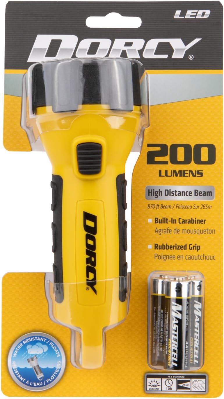 Dorcy 41-2521 Water Resistant Battery Powered Floating LED Flashlight with Carabiner Clip, Ideal for Camping and Outdoors, Bright Yellow