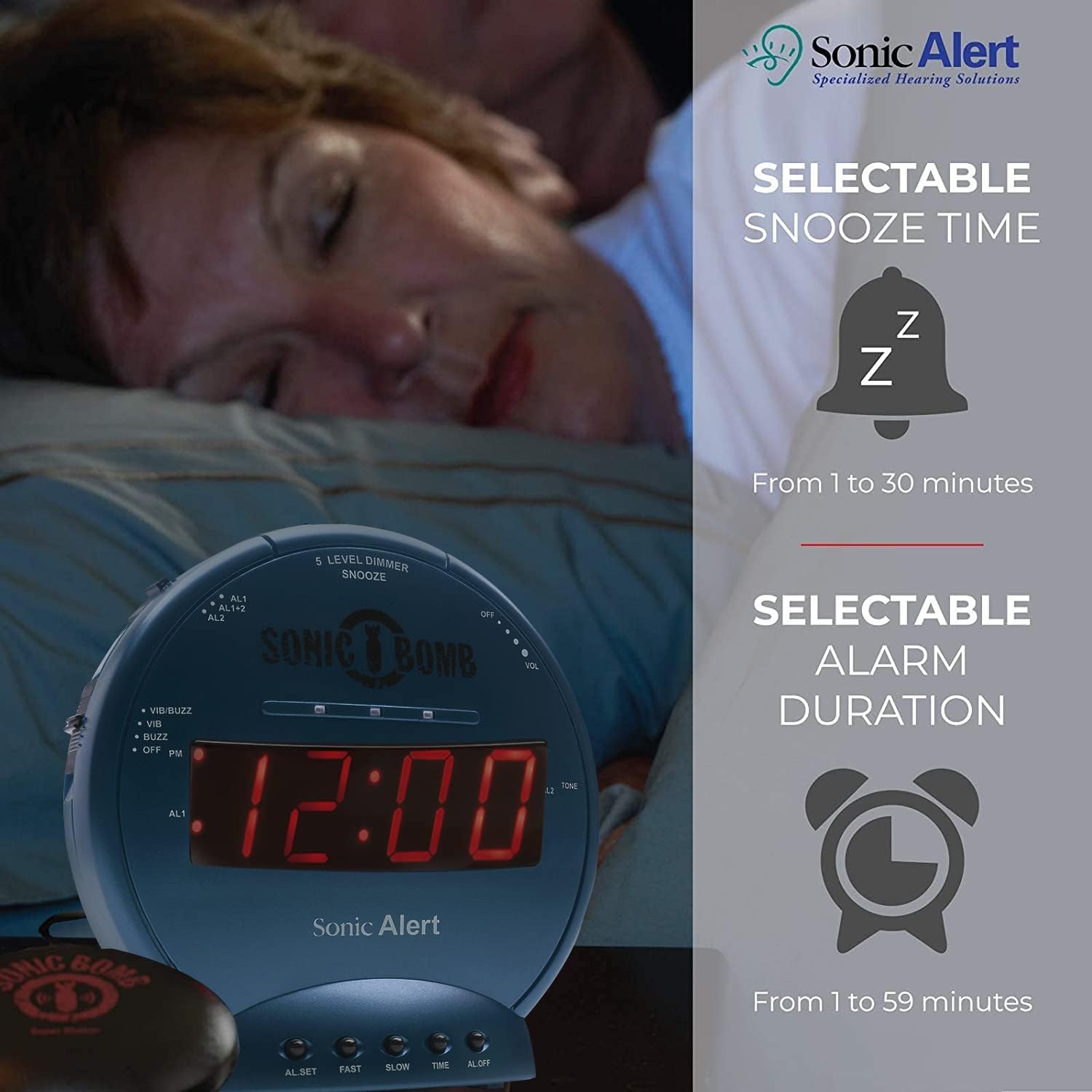 Sonic Bomb Dual Extra Loud Alarm Clock with Bed Shaker, Black | Sonic Alert Vibrating Alarm Clock Heavy Sleepers, Battery Backup | Wake with a Shake