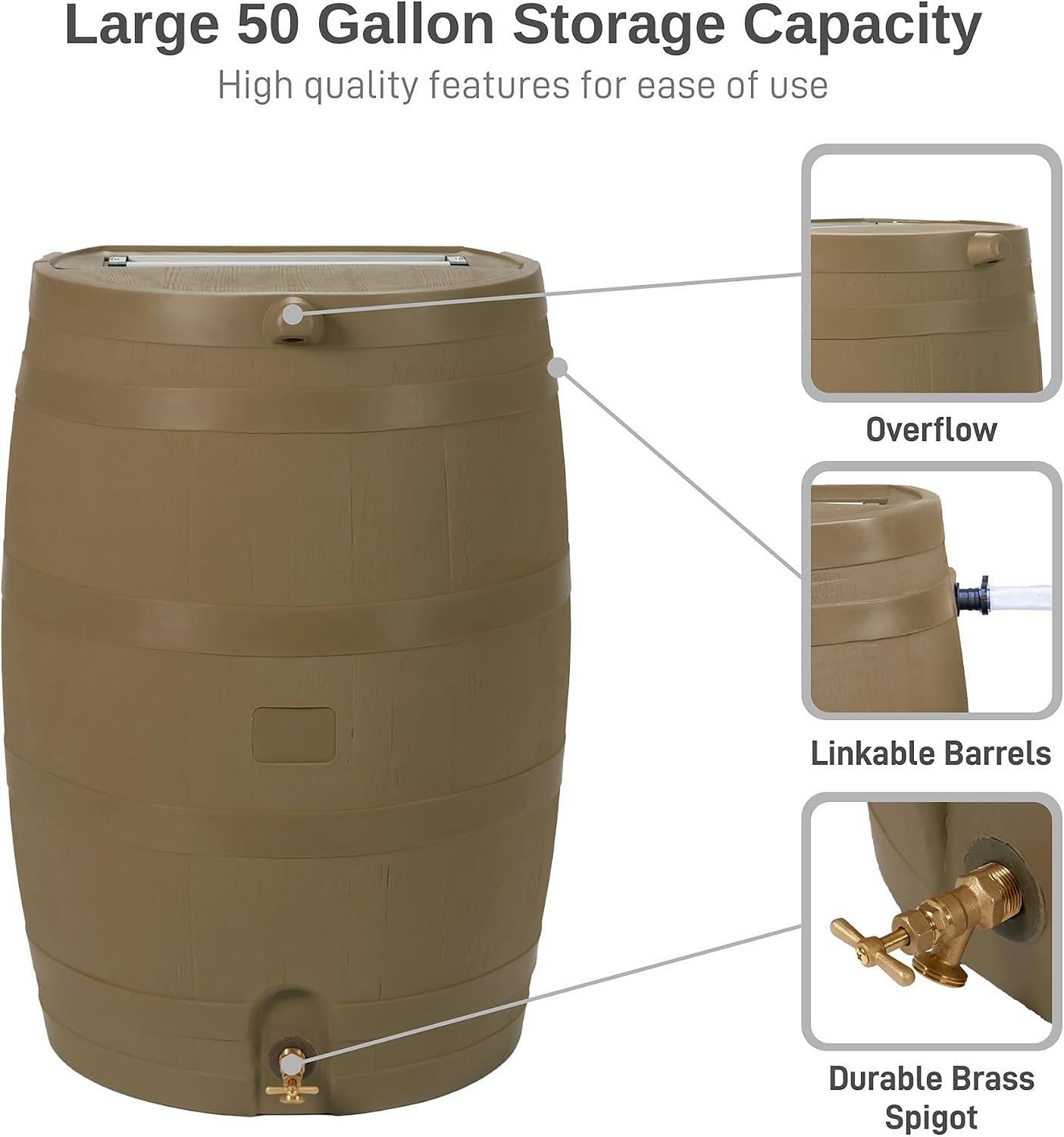 Flat Back Rainwater Gutter Barrel Water Collector Storage Drum Garden Pot- Tan