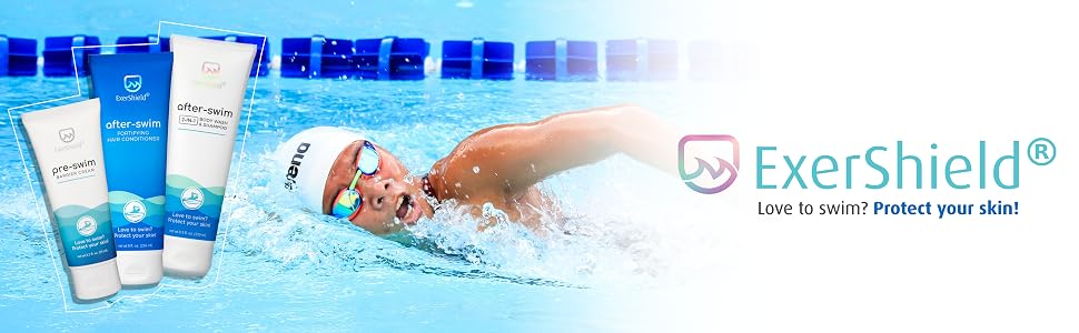 swimmer in the pool protected with the Exershield Preswim barrier against chlorine