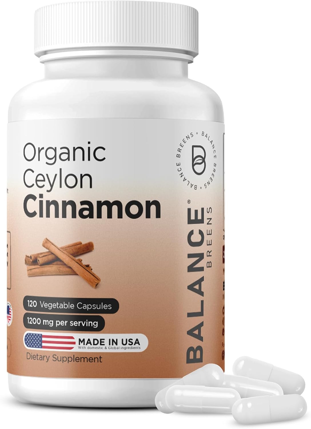 Balancebreens Certified Organic Ceylon Cinnamon 1200mg Supplement - 120 Veg Capsules - Heart