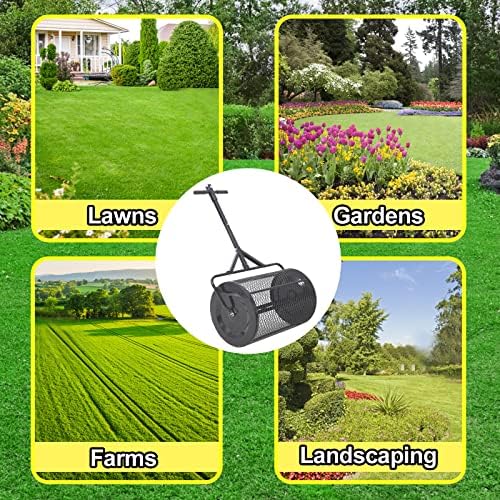 Compost Spreader - 24'' Peat Moss Spreader Manure Spreaders Roller with Adjustable T Shaped Handle Lightweight Metal Mesh Spreader for Lawn Garden Spreading Manure Topsoil, Black 0.5" x 1" Open Slits