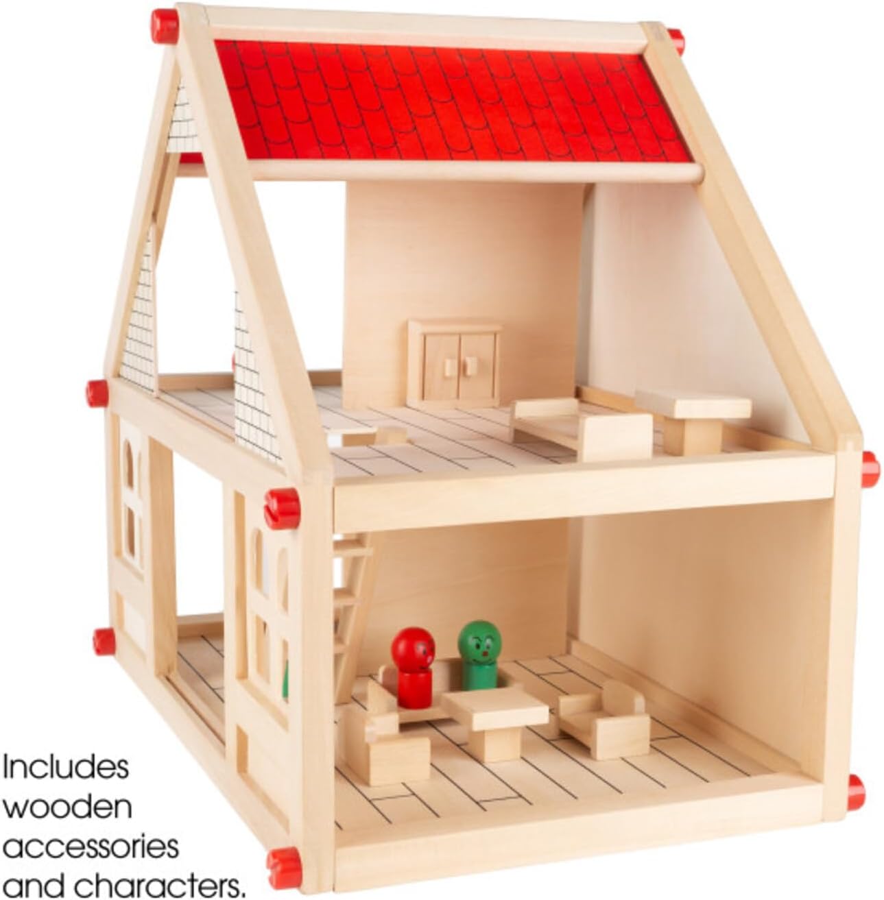Hey Play Dollhouse for Kids, 15.75” x 11.5” x 15” | Classic Pretend Play 2 Story Wood Playset with Furniture Accessories and Dolls for Toddlers