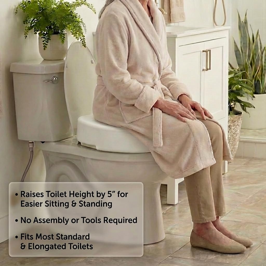 NOVA Toilet Seat Riser with Arms – Adds 5” Height, Raised Toilet Seat with ON/Off Front Lock, Adjustable & Removable Padded Arms (17.75”–20”), 300 lb Capacity, Safety Aid for Seniors