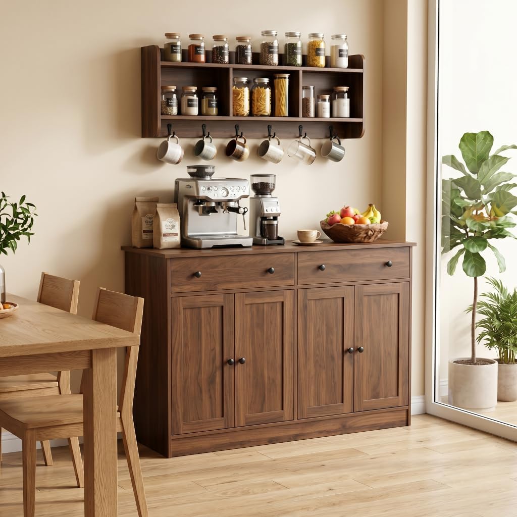 holzart White Buffet Cabinet with Storage, 49" Modern Kitchen Sideboard with 4 Doors & Adjustable Shelves, Wood Coffee Bar Cabinet Console Table for Dining Room, Living Room, Entryway