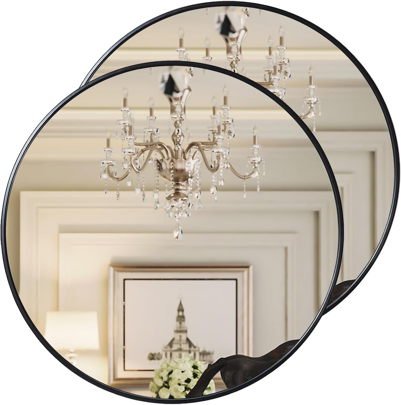 Growsun Black Round Mirror 24 inch, Wall Mounted Circle Mirror, Metal Framed Mirror for Bathroom Vanity, Bedroom Home Decor Mirros