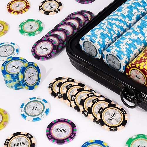 Versa Games Poker Chip Set - Casino Grade 13.5g Poker Chips, 7 Color Chip Denomination - 2 Decks of Cards, Dice