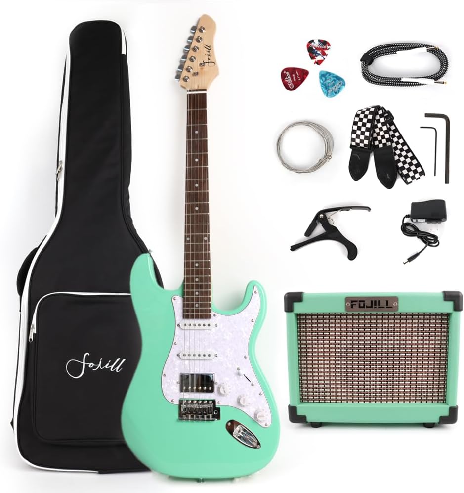 Fojill HSS Pickup 39 Inch Full Size Electric Guitar Kit Set Beginner Starter Combo Package Bundle 10W Battery Power Bluetooth Amplifier Amp Bag, Picks