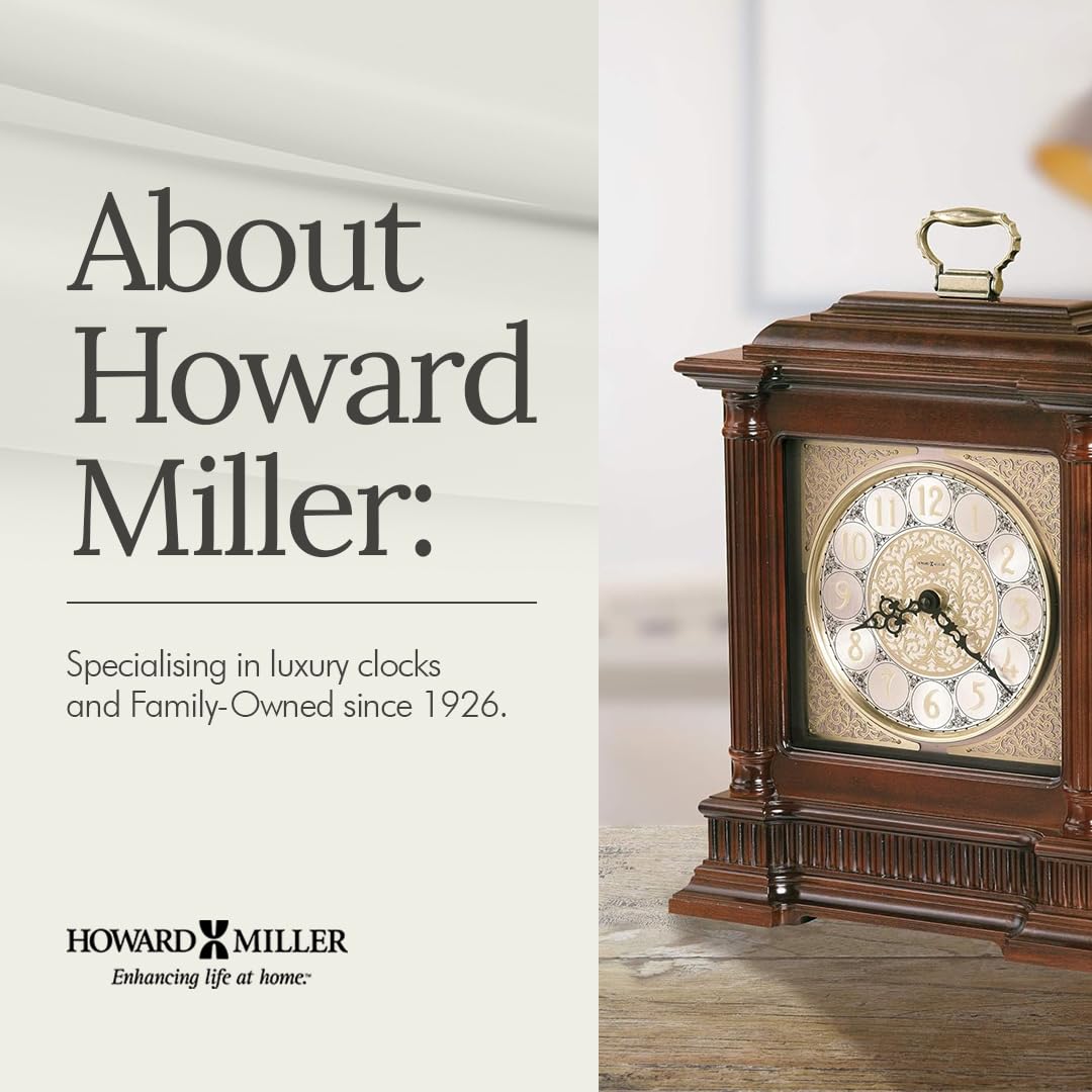 Howard Miller Akron II Mantel Clock – Windsor Finish, Dual-Chime Kieninger Movement, Arabic Numerals, Brushed Nickel Dial, Wooden Base