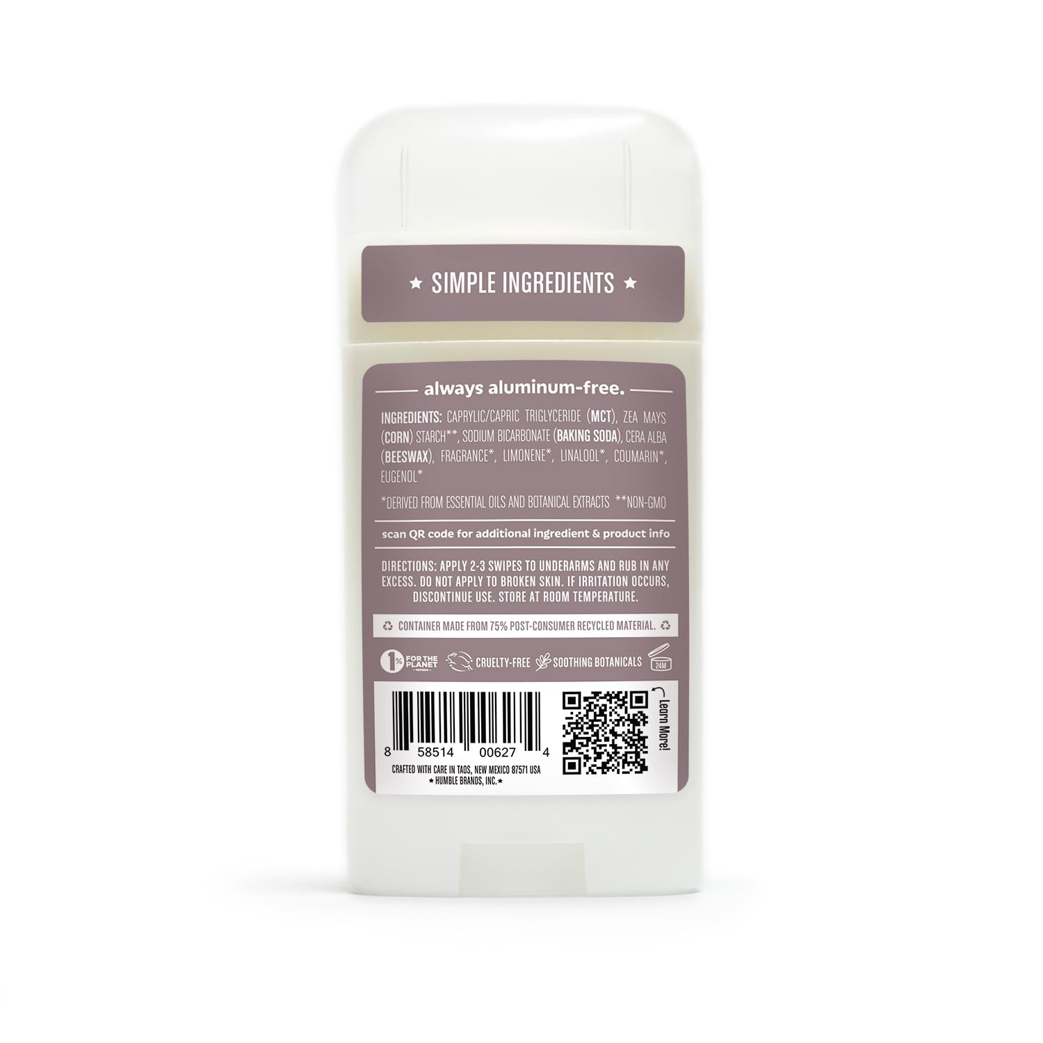 Humble Aluminum-Free Deodorant, Simply Unscented - 1 Pack | Baking Soda-Free, Clean, Fresh, Natural, Essential Oils, Sensitive Skin, Long-Lasting Odor Control, Cruelty-Free, Men & Women