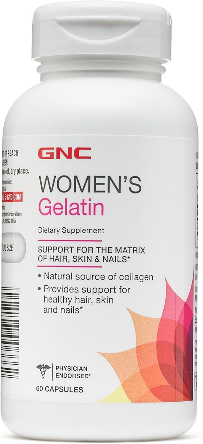 GNC Women's Gelatin Supplement, Supports Healthy Hair, Skin and Nails Natural Collagen Source, 60 Capsules