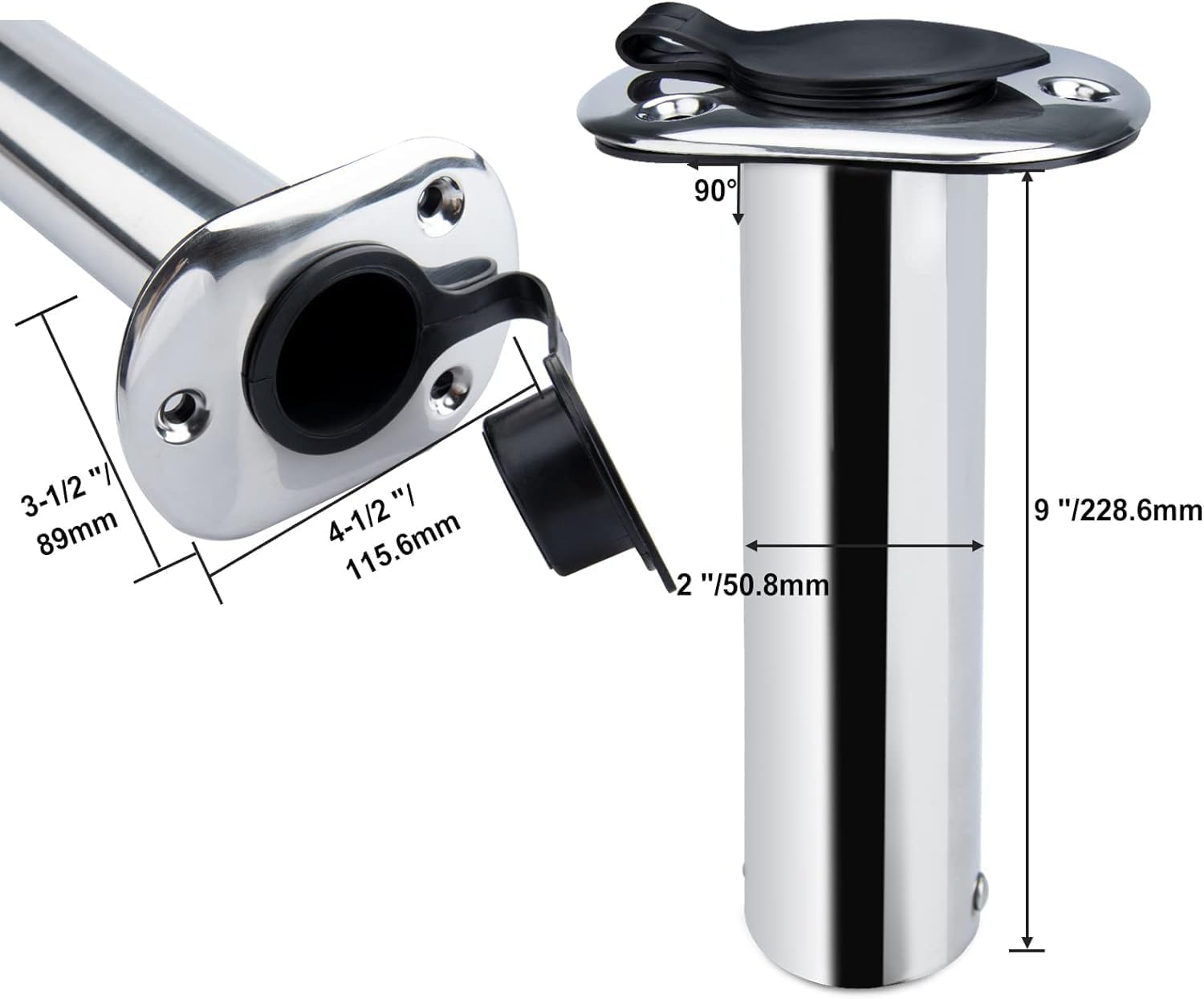Hoffen 2Pcs Boat Stainless Steel Fishing Rod Holder Flush Mount 15/30/90 Degree with PVC Cap,Inner Tube and Gasket