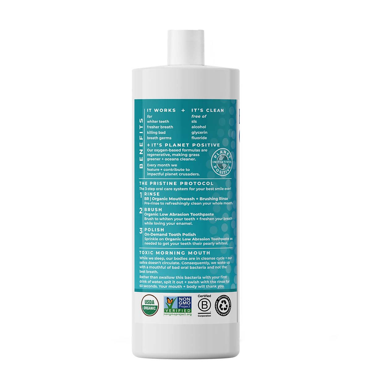 Essential Oxygen Certified BR Organic Brushing Rinse, All Natural Mouthwash for Whiter Teeth, Fresher Breath, and Happier Gums, Alcohol-Free Oral Care, Peppermint, 16 Ounce, Package may vary
