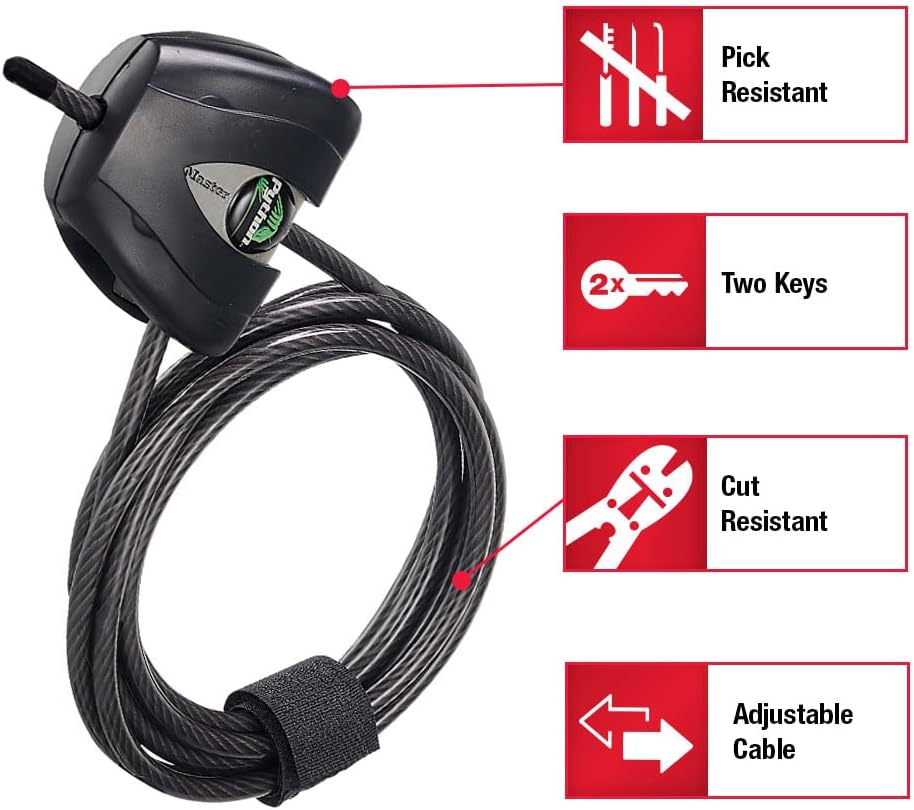 Master Lock Black Python Bike Lock with Key, Adjustable Metal Cable Lock has a Weather Resistant Vinyl Coating for Outdoor Equipment, Bicycles, 6 Feet Long, 8417D