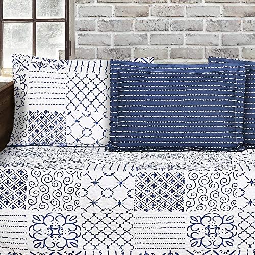 Lush Decor Monique 3 Piece Reversible Print Pattern Blue Quilt Set - Full Queen